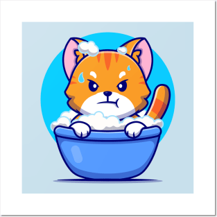 Angry Cat Bath In Tub Cartoon Posters and Art